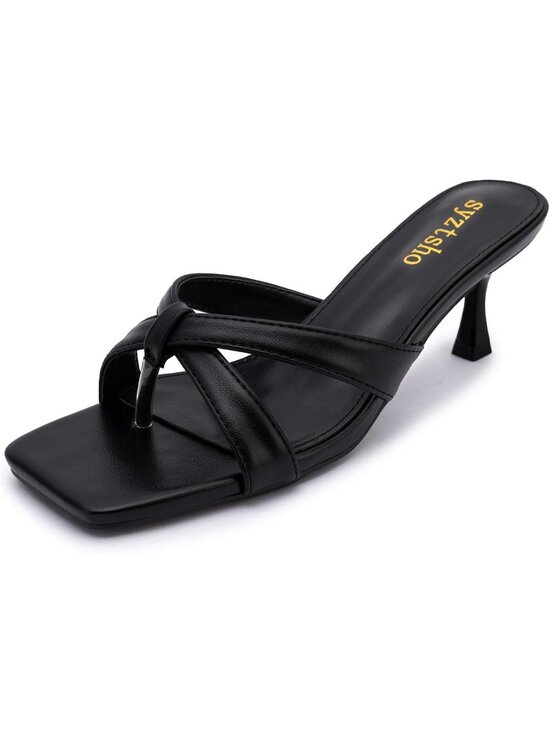Shoes - Women's Black 1 Kitten Heel Sandals Slip On Slides Square Open Toe Mules Casual